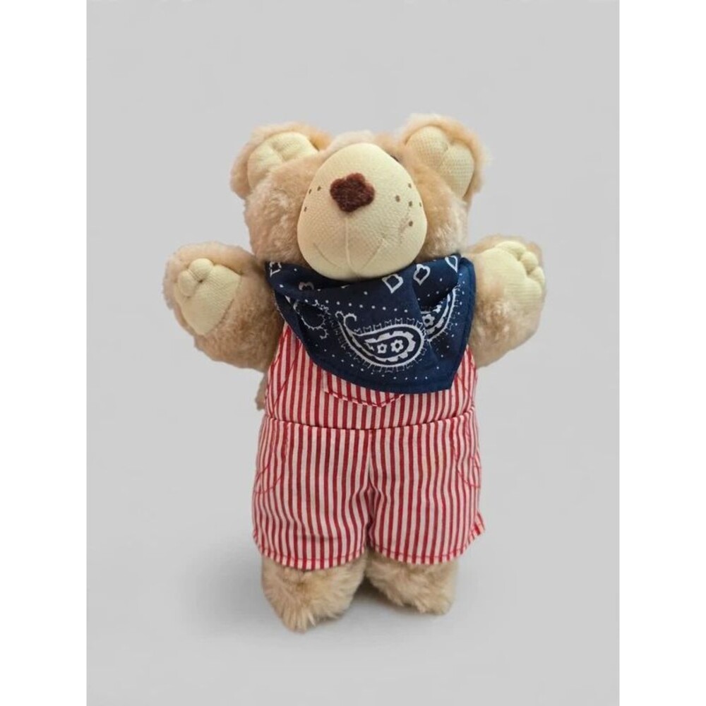 Vintage Tan Plush Teddy Bear Heart Nose Red Striped Seersucker Overalls Bandana
